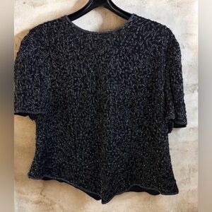 Vintage Papell Boutique Evening Silk Hand Beaded Top Black 2X Plus Size Retro